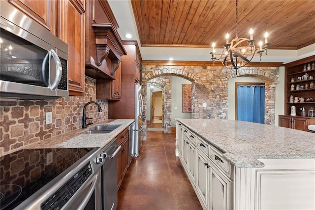 4645 Manor Dr, Gainesville, GA 30506 - kitchen featuring stainless steel appliances, arched walkways, wooden ceiling, a chandelier, and a sink