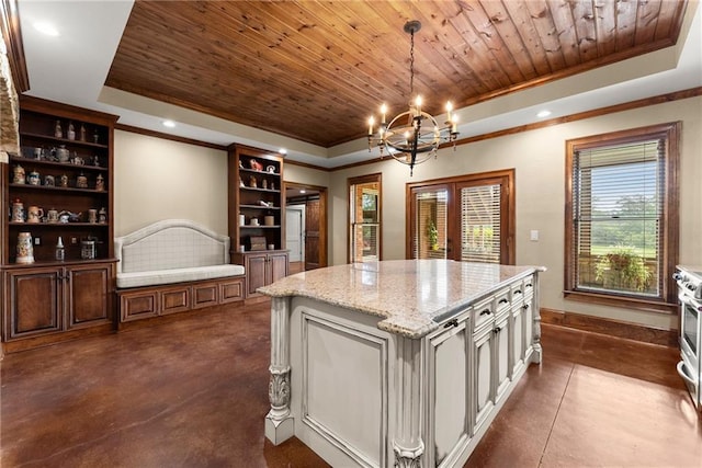 4645 Manor Dr, Gainesville, GA 30506 - kitchen featuring a tray ceiling, open shelves, crown molding, wood ceiling, and finished concrete floors
