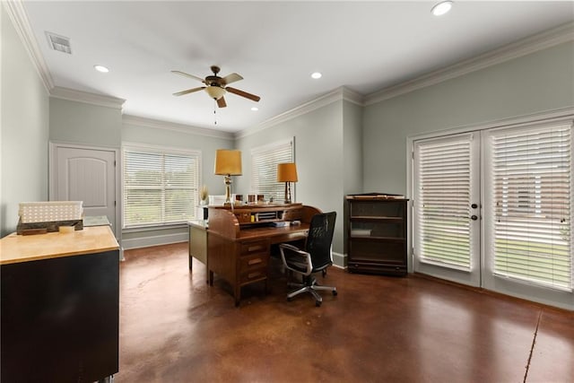 4645 Manor Dr, Gainesville, GA 30506 - office space featuring concrete floors, a ceiling fan, recessed lighting, baseboards, and crown molding