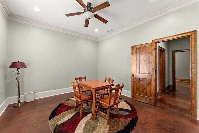 4645 Manor Dr, Gainesville, GA 30506 - dining area featuring finished concrete floors, baseboards, ornamental molding, recessed lighting, and ceiling fan