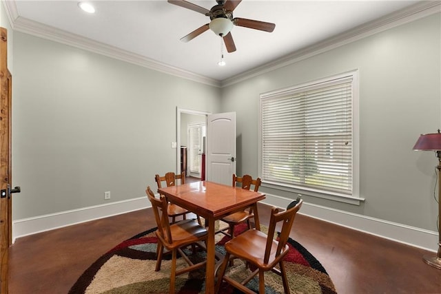 4645 Manor Dr, Gainesville, GA 30506 - dining area with crown molding, ceiling fan, baseboards, and recessed lighting