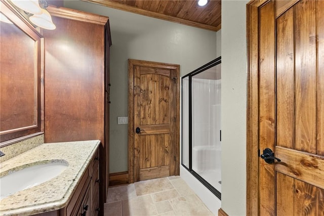 4645 Manor Dr, Gainesville, GA 30506 - full bathroom featuring a shower stall, vanity, wood ceiling, crown molding, and baseboards