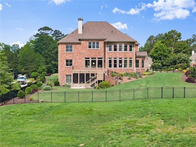 4645 Manor Dr, Gainesville, GA 30506 - rear view of house featuring a chimney, brick siding, and a sunroom