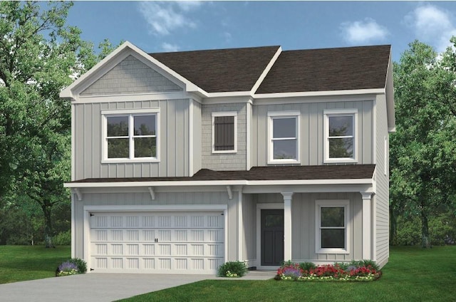 view of front of house featuring board and batten siding, a shingled roof, a front lawn, and a garage