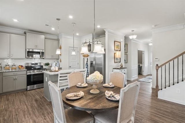 dining area with crown molding, stairs, dark wood-style floors, and recessed lighting