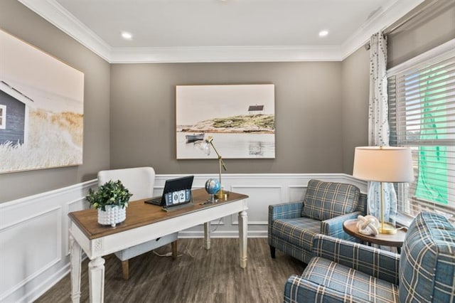 office space featuring ornamental molding, wood finished floors, a decorative wall, and wainscoting