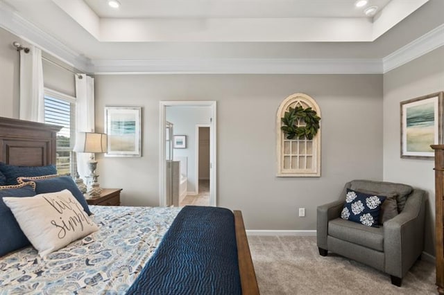 bedroom featuring a raised ceiling, light colored carpet, baseboards, ornamental molding, and recessed lighting