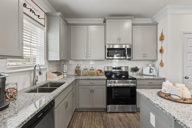 kitchen featuring stainless steel appliances, gray cabinets, a sink, dark wood finished floors, and crown molding