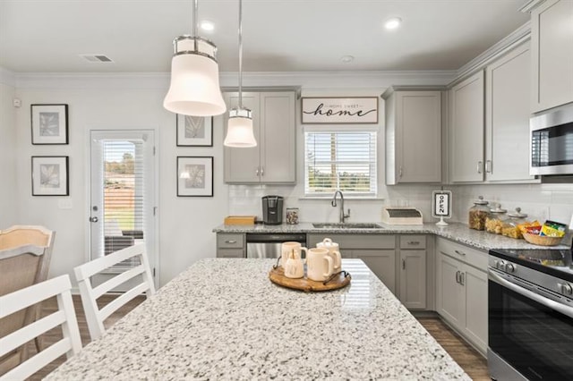 kitchen featuring a sink, gray cabinets, stainless steel appliances, healthy amount of natural light, and ornamental molding
