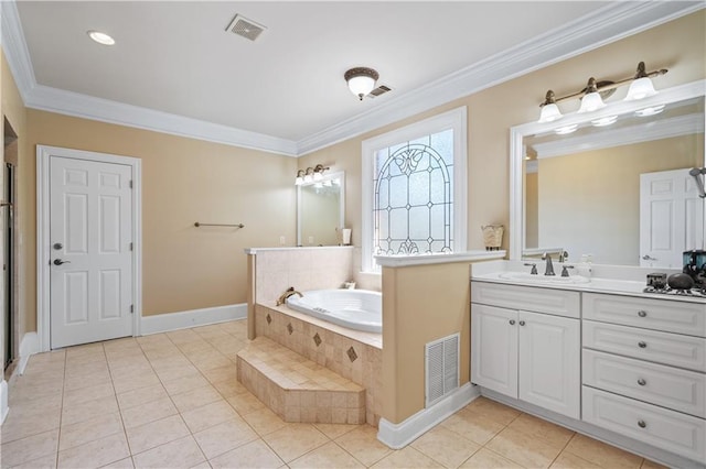 bathroom with tile patterned floors, visible vents, and crown molding