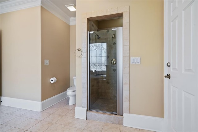 bathroom featuring visible vents, toilet, ornamental molding, a shower stall, and tile patterned flooring