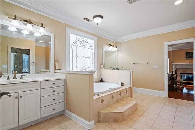 bathroom with a glass covered fireplace, crown molding, a stall shower, and tile patterned floors