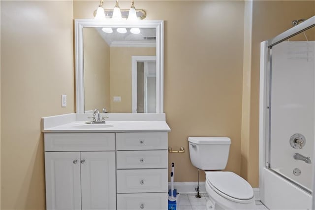 full bath featuring tile patterned flooring, baseboards, shower / washtub combination, toilet, and vanity