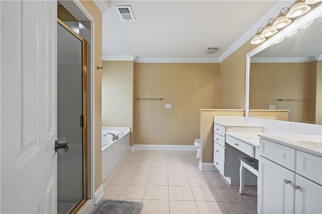 bathroom featuring visible vents, ornamental molding, vanity, and tile patterned flooring