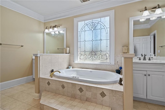 full bathroom featuring a garden tub, ornamental molding, vanity, and tile patterned flooring