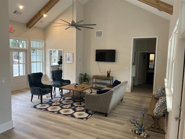 1101 Cooks Farm Way, Woodstock, GA 30189 - living room with beamed ceiling, high vaulted ceiling, light wood-type flooring, baseboards, and a ceiling fan