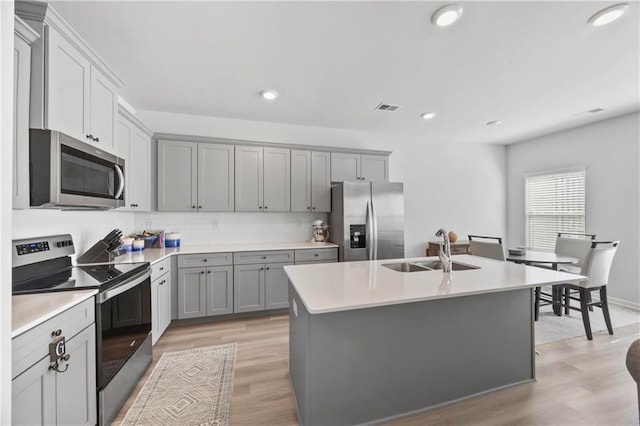 kitchen with appliances with stainless steel finishes, gray cabinets, a sink, and backsplash