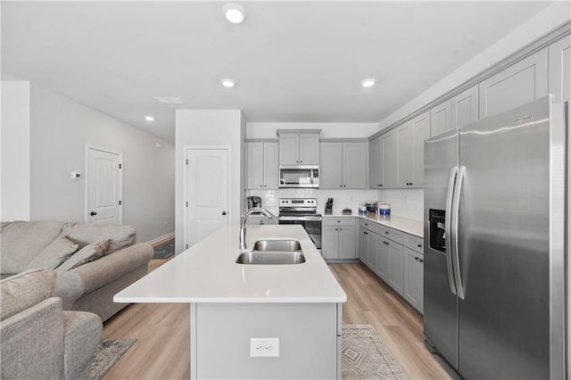 kitchen featuring a sink, open floor plan, appliances with stainless steel finishes, gray cabinets, and decorative backsplash