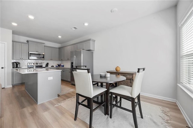 kitchen with stainless steel appliances, light wood-type flooring, a kitchen island with sink, and gray cabinetry