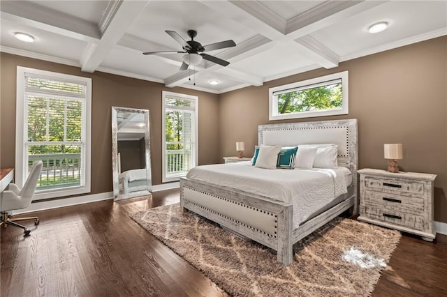 bedroom featuring coffered ceiling, wood finished floors, and baseboards