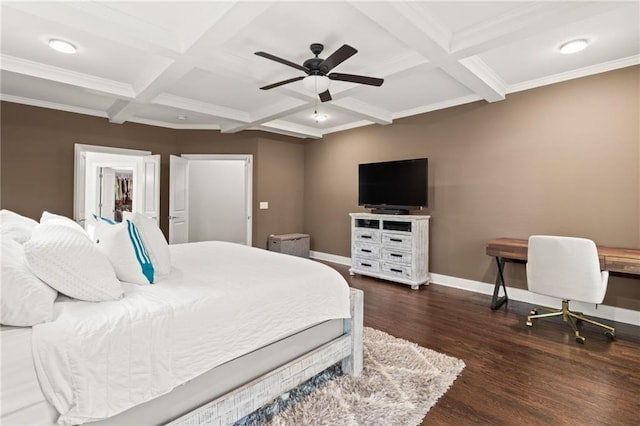 bedroom with coffered ceiling, beamed ceiling, and wood finished floors