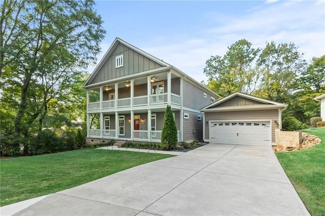 greek revival inspired property featuring a balcony, board and batten siding, a garage, concrete driveway, and a porch