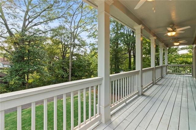 deck featuring a porch and ceiling fan