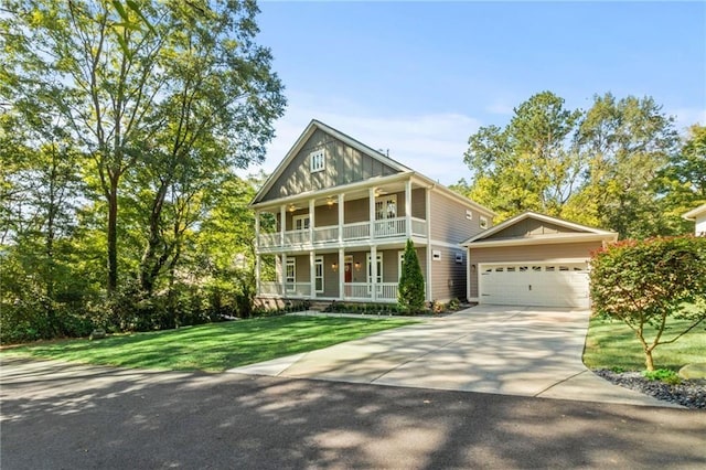 view of front of home featuring a balcony, covered porch, an attached garage, concrete driveway, and a front yard