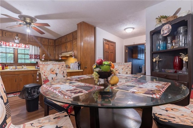 265 Forest Lake Dr, Covington, GA 30016 - dining area with a ceiling fan, wood finished floors, and a textured ceiling