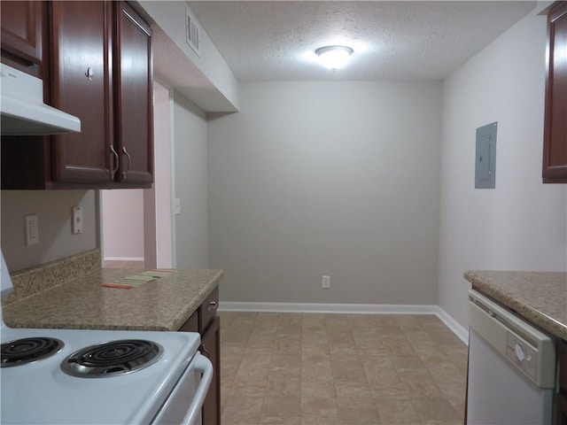 kitchen with a textured ceiling, electric panel, extractor fan, and white appliances