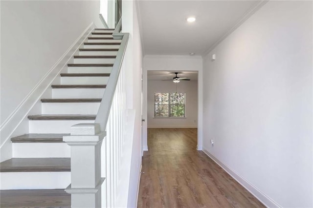 stairway featuring hardwood / wood-style floors, ceiling fan, and crown molding