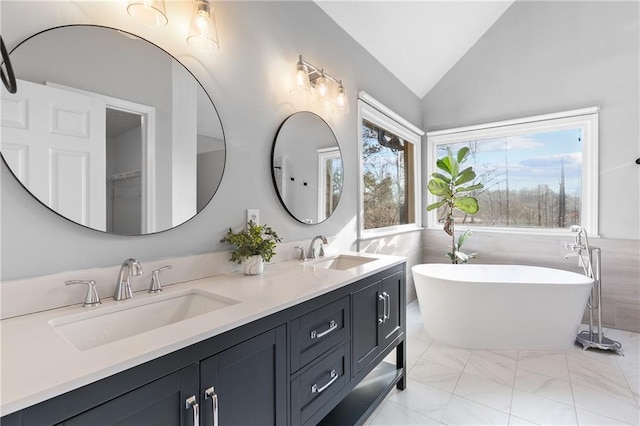 bathroom with vanity, vaulted ceiling, and a bathing tub