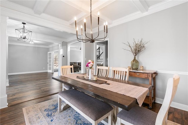 dining room featuring beamed ceiling, coffered ceiling, a notable chandelier, and dark hardwood / wood-style flooring