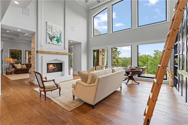 6515 Ashbourne Ct, Suwanee, GA 30024 - living area featuring a glass covered fireplace, wood finished floors, a towering ceiling, ornamental molding, and recessed lighting