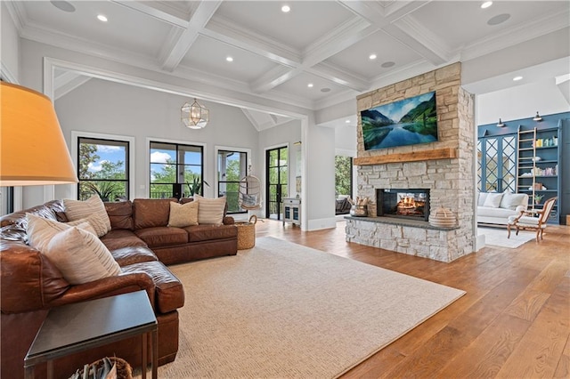 6515 Ashbourne Ct, Suwanee, GA 30024 - living room with a stone fireplace, beamed ceiling, wood finished floors, coffered ceiling, and recessed lighting