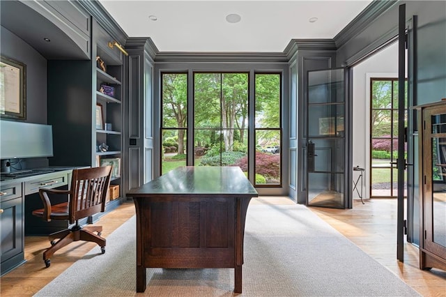 6515 Ashbourne Ct, Suwanee, GA 30024 - office with crown molding, healthy amount of natural light, light wood-style floors, and a decorative wall