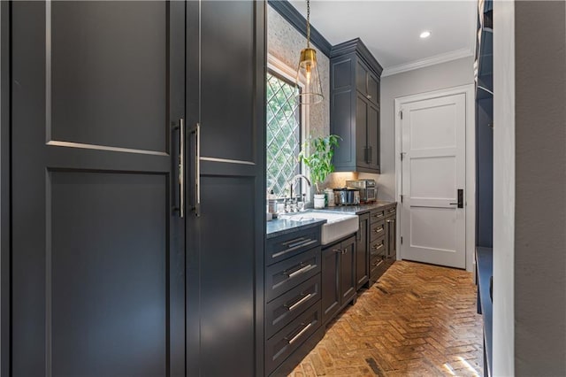 6515 Ashbourne Ct, Suwanee, GA 30024 - kitchen with brick flooring, crown molding, a sink, decorative light fixtures, and recessed lighting