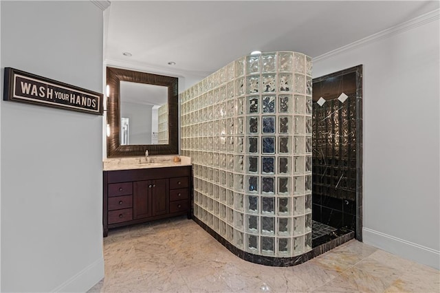 6515 Ashbourne Ct, Suwanee, GA 30024 - bathroom with walk in shower, baseboards, crown molding, marble finish flooring, and recessed lighting