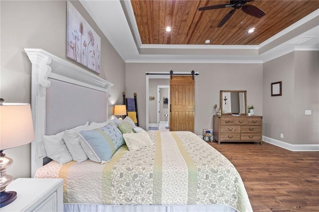 131 Quiet Cove Way, Monticello, GA 31064 - bedroom featuring a raised ceiling, wood finished floors, wood ceiling, a barn door, and baseboards