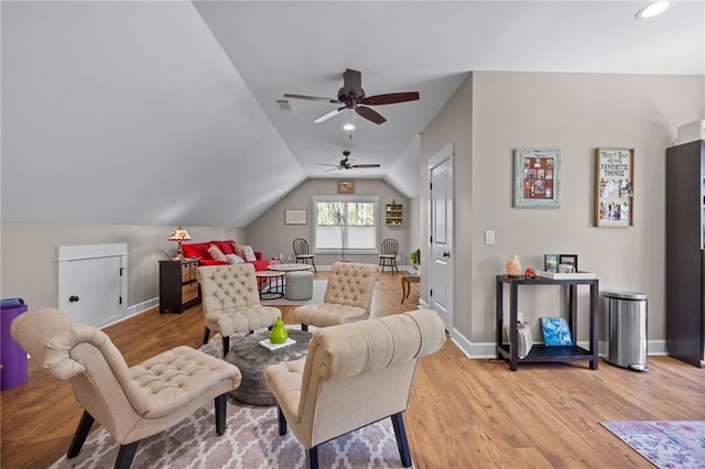 131 Quiet Cove Way, Monticello, GA 31064 - living area with baseboards, light wood-style flooring, a ceiling fan, lofted ceiling, and recessed lighting