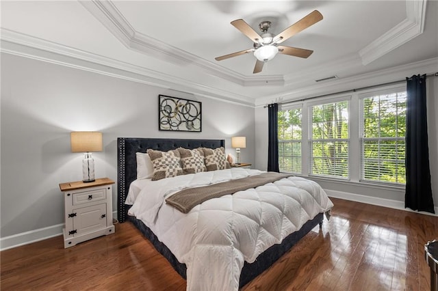 2873 Overlook Way NE, Atlanta, GA 30324 - bedroom featuring a tray ceiling, crown molding, hardwood / wood-style floors, and a ceiling fan