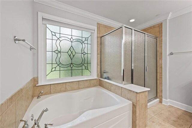 2873 Overlook Way NE, Atlanta, GA 30324 - bathroom featuring a garden tub, a shower stall, ornamental molding, and tile patterned floors