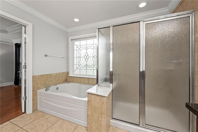 2873 Overlook Way NE, Atlanta, GA 30324 - full bathroom featuring a bath, a shower stall, ornamental molding, recessed lighting, and tile patterned floors