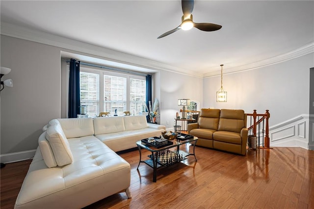 2873 Overlook Way NE, Atlanta, GA 30324 - living room featuring ornamental molding, a ceiling fan, and wood finished floors