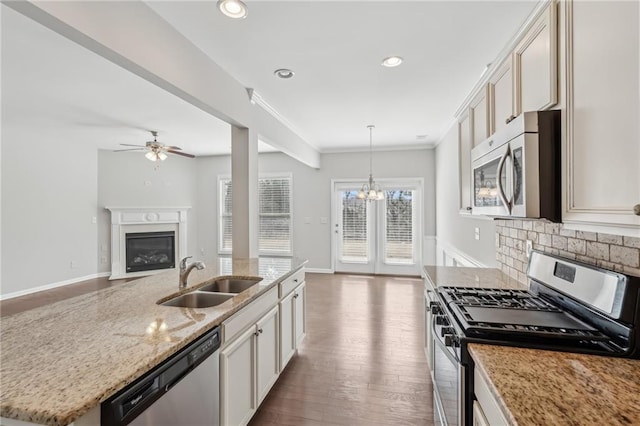 2785 Maple Park Pl, Cumming, GA 30041 - kitchen featuring wood finished floors, a sink, open floor plan, appliances with stainless steel finishes, and a glass covered fireplace