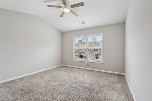 2785 Maple Park Pl, Cumming, GA 30041 - empty room with baseboards, visible vents, a ceiling fan, lofted ceiling, and carpet flooring