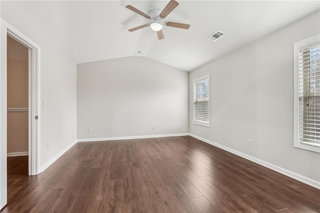 2785 Maple Park Pl, Cumming, GA 30041 - unfurnished room with baseboards, visible vents, dark wood finished floors, a ceiling fan, and lofted ceiling