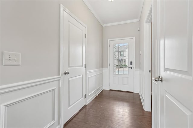 2785 Maple Park Pl, Cumming, GA 30041 - doorway to outside with dark wood-style flooring, wainscoting, and crown molding
