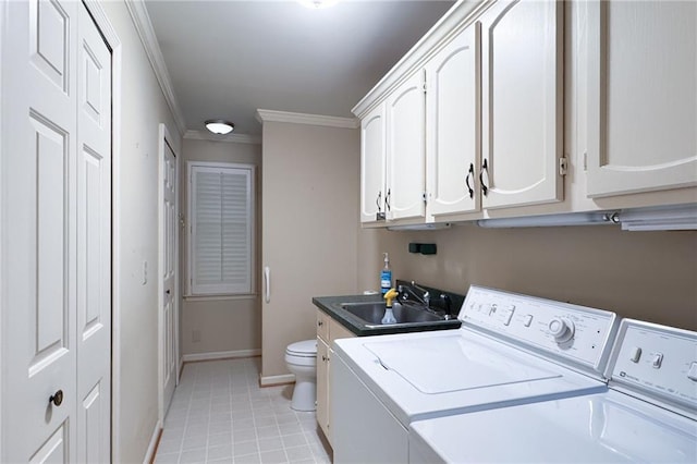 170 Mayfield Cir, Alpharetta, GA 30009 - washroom with washing machine and dryer, crown molding, baseboards, and light tile patterned floors