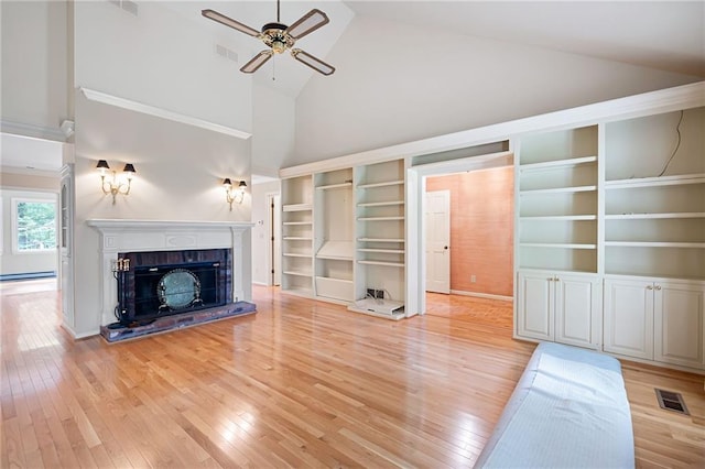 170 Mayfield Cir, Alpharetta, GA 30009 - unfurnished living room featuring high vaulted ceiling, ceiling fan, light wood-type flooring, a fireplace with raised hearth, and baseboard heating